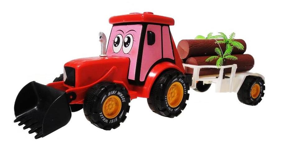 Traktor z koparką i przyczepą z drewnem