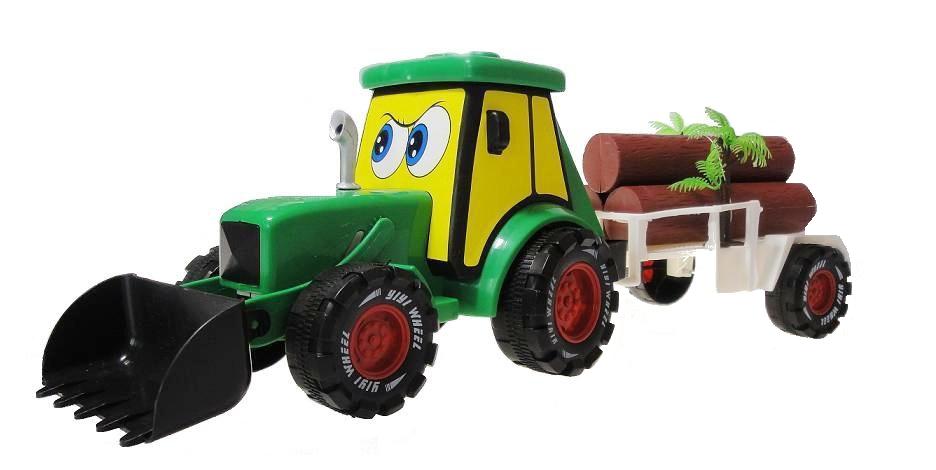 Traktor z koparką i przyczepą z drewnem